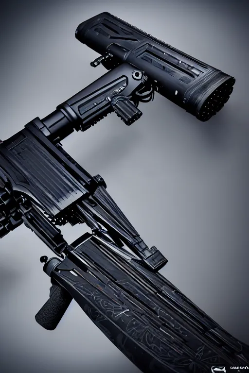 Image similar to cybernetic ultra high tech rifle with cat engraving, sci - fi, blade runner, cyberpunk, high tech, futurism, exoskeleton, symmetry, cinematic, elegant, luxury, perfect light, perfect composition, dlsr photography, sharp focus, 8 k, ultra hd, sense of awe, highly detailed, realistic, intricate, weapon journal cover