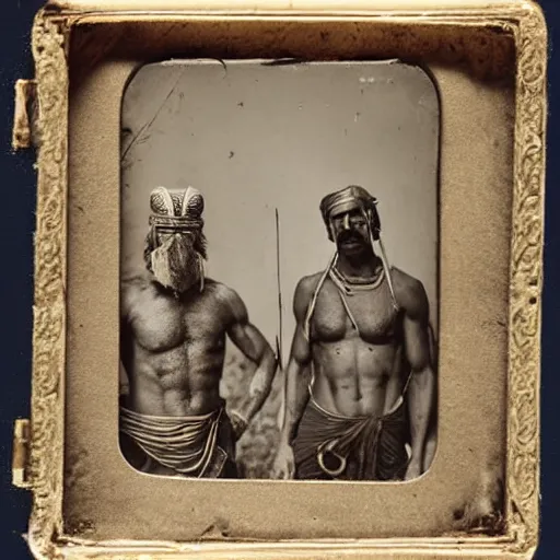 Image similar to spartan man and his helot slave, helot, ancient sparta, daguerreotype photograph, ancient photograph