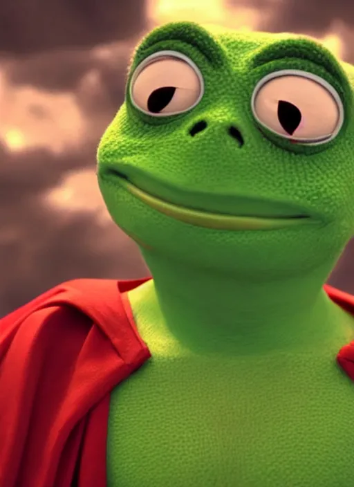 Prompt: film still of Pepe the frog as Superman in Superman, 4k