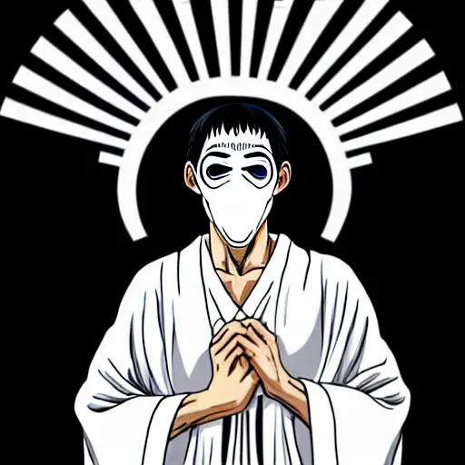 Image similar to A man wearing white robes with a seriousGreek theater mask, white robes, serious mask, theater mask, greek mask, ancient greece, neutral, muscular figure, manga art, manga, Junji Ito, Junji Ito artwork, Ito Junji art, 4k