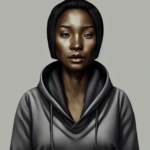 Image similar to portrait of a black asian woman - alyx vance wearing a gray hoodie, sci - fi, intricate, elegant, highly detailed, digital painting, artstation, concept art, smooth, sharp focus, illustration, by bartek fedyczak, erak note, tooth wu, neil richards, kan liu, siwoo kim, jisu choe