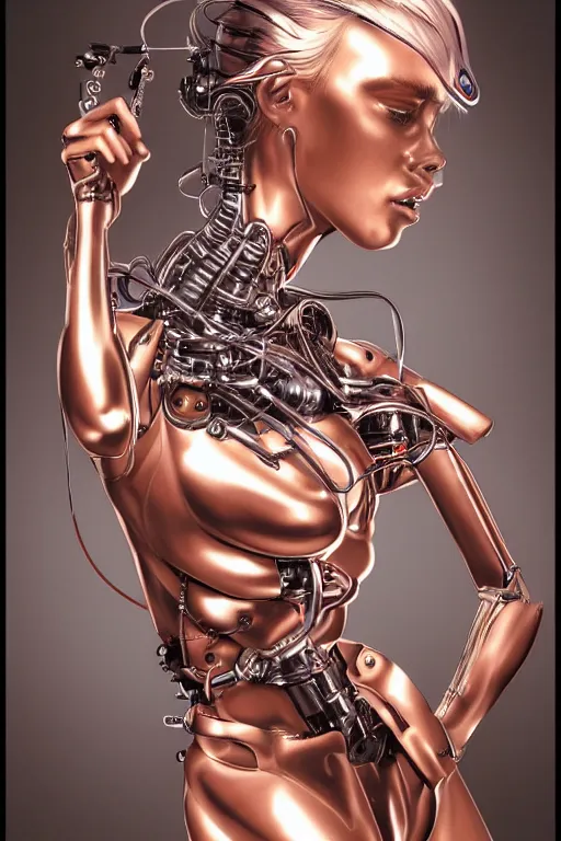 Prompt: a portrait of a gynoid with mechanical part by Hajime Sorayama, highly detailed, trending on artstation