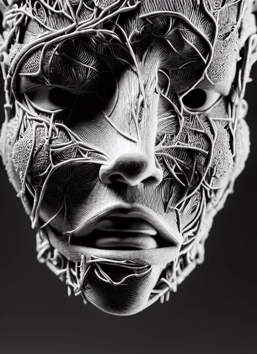 Image similar to a young female cyborg bust made of intricate vegetal stems, dramatic, ilford hp 5, closeup - view, f / 2. 8, high contrast, 1 6 k, fluorescent lamp, contre - jour, insanely detailed and intricate, hypermaximalist, elegant, ornate, hyper realistic, super detailed