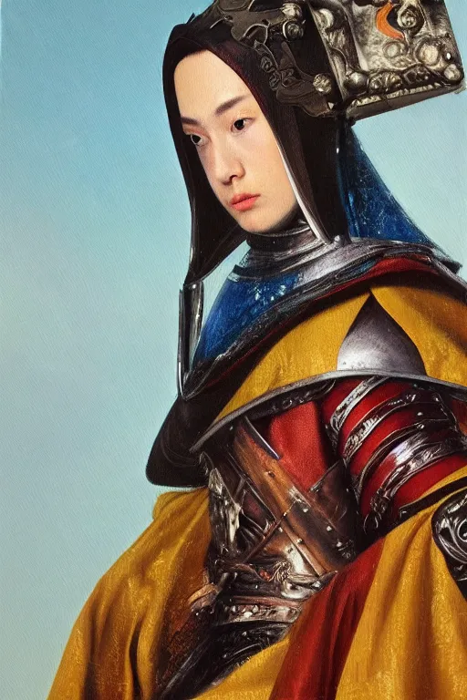 Image similar to hyperrealism oil painting, close - up portrait of caucasian medieval fashion model, knight, steel gradient mixed with nebula sky, in style of baroque mixed with 7 0 s japan book art