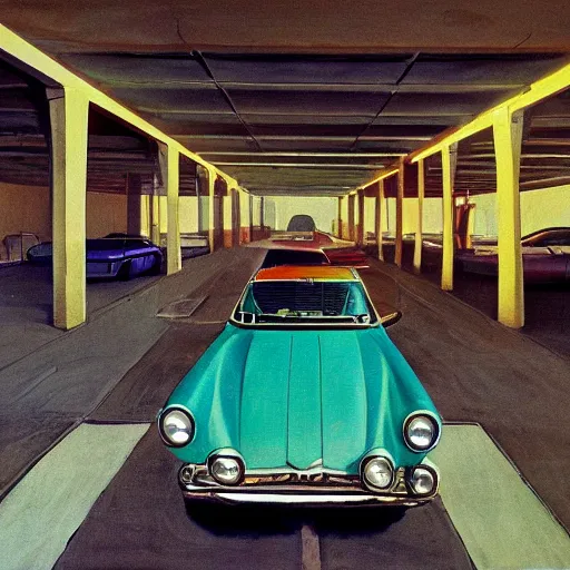 Image similar to painting of a scifi ancient civilzation, vintage car park, william eggleston