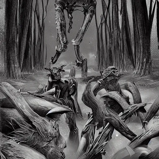 Prompt: sci - fi, hunters of monsters walking in a meat and bone forest, art by oscar chichoni