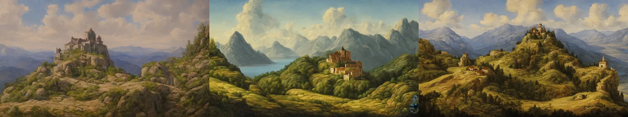 Prompt: detailed naturalism landscape painting of a monastery on the top of a rough, steep mountain with great view on other mountains, epic, no trees, no foliage, realistic light, epic