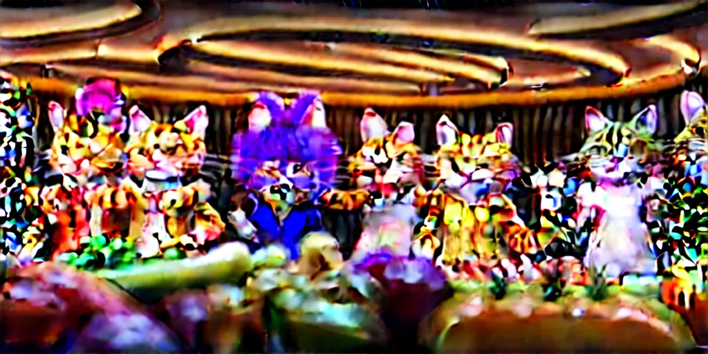 Image similar to 8 k uhd cinema 4 d, octane render of multiple cats dressed as vegetables with vegetables as masks, vegetables dressed as cats with fluffy tails, line dancing at a party, in the ballroom of a luxury cruise liner, beautiful chandeliers from the ceiling, ultra realistic, group photography, 1 0 5 mm lens, multi coloured volumetric lighting