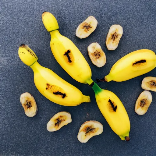 Image similar to professional photograph of banana ducks, peeled bananas with googly eyes and duck beaks