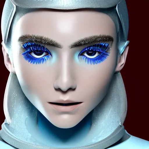 Prompt: female with pale eye lashes and brows, complex hyperdetailed technical suit. siver hair flowing, cryo chamber, pale blue tint, sci - fi, futuristic, ultra realistic, wide angle.