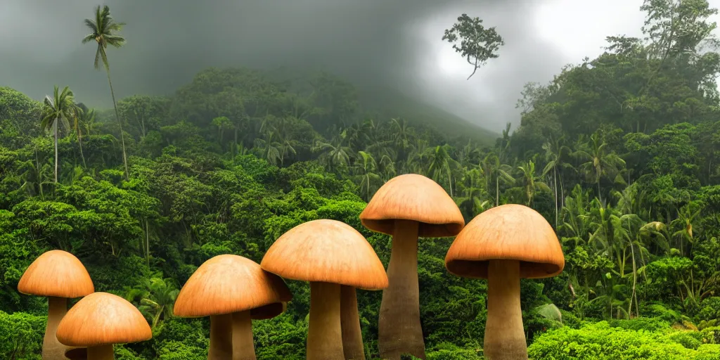 Image similar to giant bell shaped mushrooms loom over a Hawaiian villa in the middle of an tropical forest, ominous Sky, gloomy atmosphere, cinematic, mist, High definition, 8k, ultra detailed