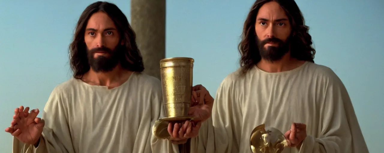 Image similar to Jesus holding the holy grail, cinematic masterpiece, warm atmosphere, very sharp and detailed image