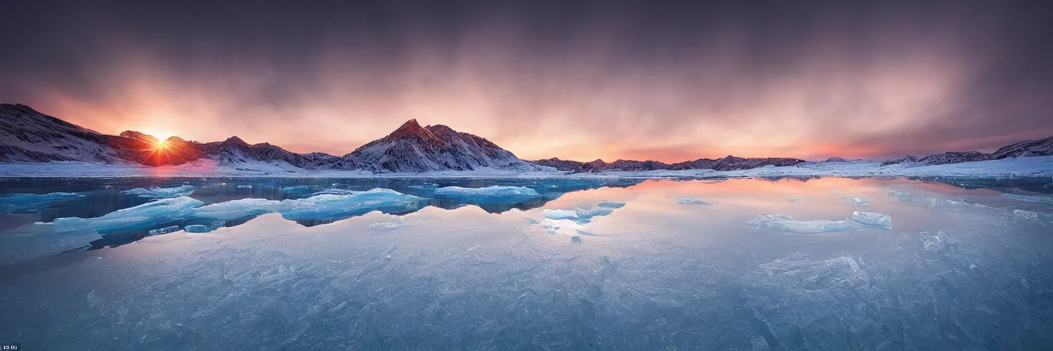 Prompt: amazing landscape photo of a Frozen Giant stuck under the ice transparent frozen lake at sunset by marc adamus beautiful dramatic lighting