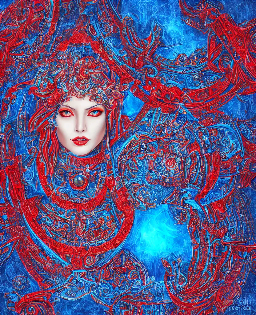 Image similar to structure of the oracle, blue colors with red accents, intricate and ornate, highly detailed fantasy digital painting