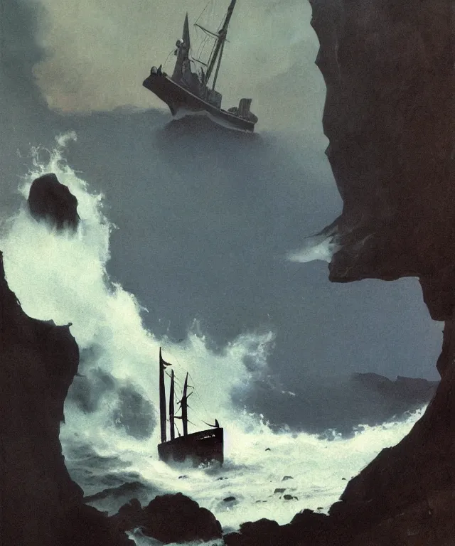 Image similar to photorealistic painting of a 1 9 2 5 seiner sailing near a tropical cliff with the mouth of a sea cave at the waterline, dark, brooding, atmospheric, lovecraft, horror, smooth, epic, highly detailed, cinematic, by angus mcbride