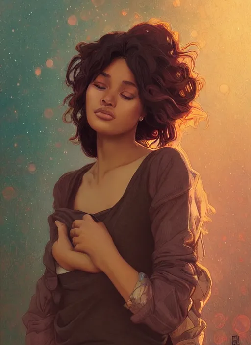 Image similar to handsome young black women with shoulder length brown hair, half body shot, path traced, highly detailed, high quality, digital painting, alena aenami, lilia alvarado, shinji aramaki, karol bak, alphonse mucha, tom bagshaw