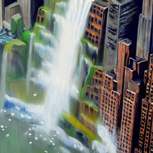 Image similar to an hyper - realist oil painting of waterfalls from the empire state building's windows, from below, wide angle, water falling from the windows, new york background, detailled, sharp focus, realistic, trending on artstation, cg society, 8 k, unreal