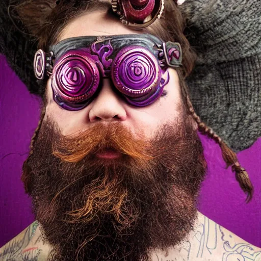 Prompt: dwarven rune master with an elaborately braided red beard wearing magical purple goggles, steampunk