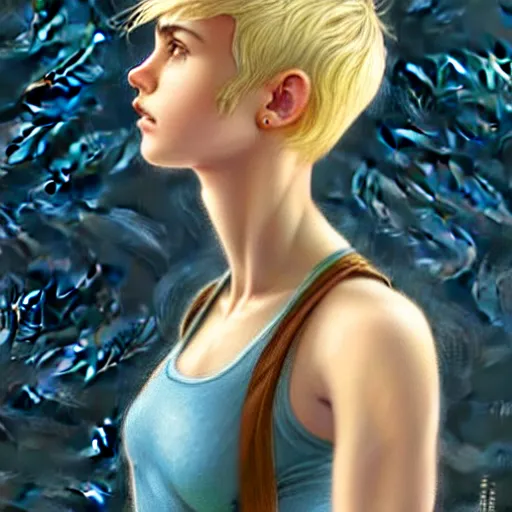 Image similar to an epic fantasy comic book style portrait painting of a young blonde girl with pixie haircut wearing plain tank top, confident, fantasy, intricate, elegant, highly detailed, digital painting, artstation, concept art, matte, sharp focus, illustration, art by artgerm and greg rutkowski and alphonse mucha