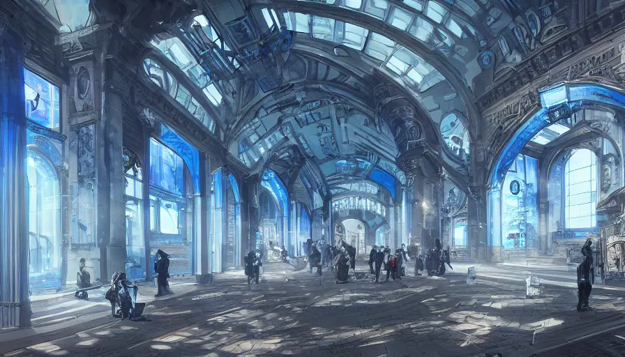 Prompt: futuristic victorian berlin with blue glass church train station, hyperdetailed, artstation, cgsociety, 8 k