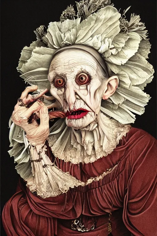 Image similar to Detailed maximalist portrait of an old woman with large lips and eyes, scared, botanical skeletal with extra flesh, HD mixed media, 3D collage, highly detailed and intricate, surreal illustration in the style of Caravaggio, dark art, baroque
