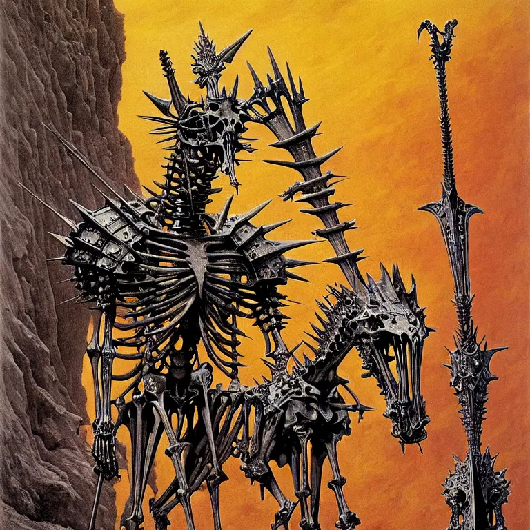 Prompt: Very vibrant art. A spiked detailed horse skeleton with armored joints stands in a large cavernous throne room with halberd in hand. Massive shoulderplates. Extremely high details, realistic, fantasy art, solo, masterpiece, bones, ripped flesh, colorful art by Zdzisław Beksiński, Arthur Rackham, Dariusz Zawadzki, Harry Clarke