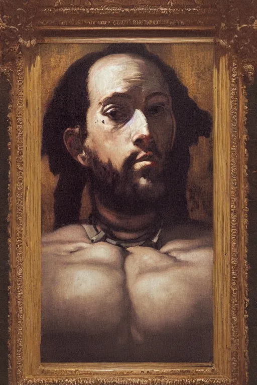 Image similar to robot monk painting a self - portrait on a canvas. intricate, highly detailed, photorealistic, film still, by gustave courbet.