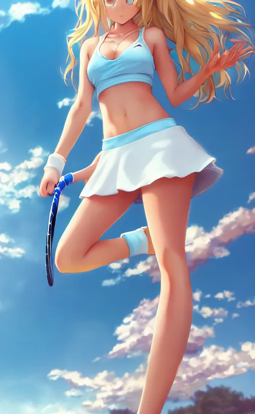 Image similar to a very beautiful young anime tennis girl, full body, head, long wavy blond hair, sky blue eyes, full round face, short smile, bikini, miniskirt, front view, mid - shot, highly detailed, cinematic wallpaper by stanley artgerm lau
