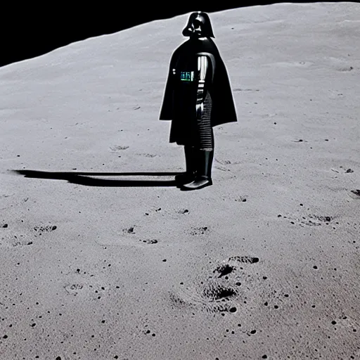 Image similar to darth vader standing on the moon looking at the sky