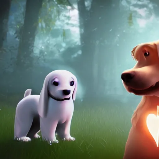 Image similar to a dog and a ghost who are friends, digital art, hearts in the background, unreal engine