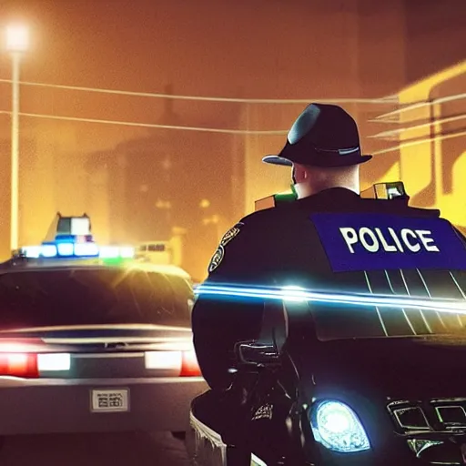 Image similar to a police officer pulling me over in a dark street, detailed, realistic