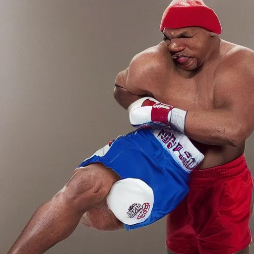 Image similar to a beautiful medium - shot of mike tyson punching to blood fat donald trump, beautiful soft light, sport photography, fast shutter speed, by annie leibovitz