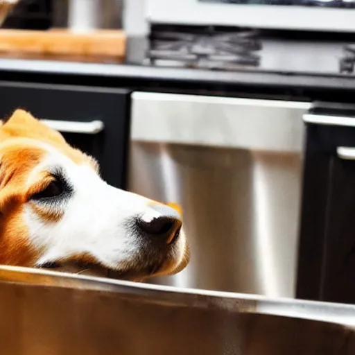 Prompt: a very sharp photo of a dog looking bored while doing the dishes