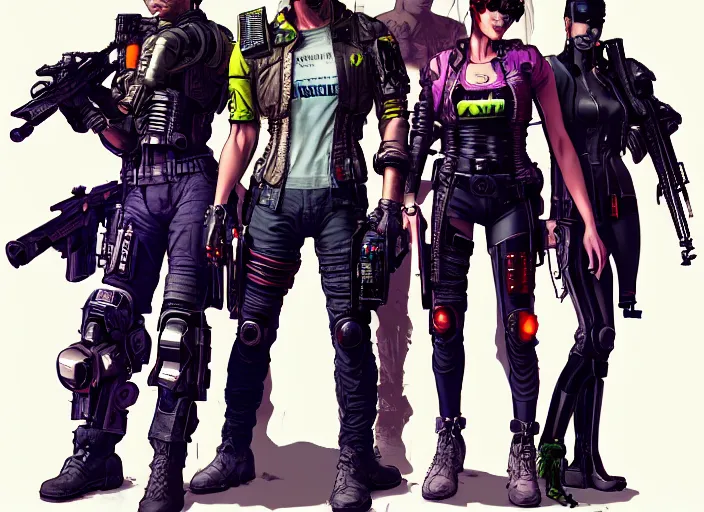 Image similar to cyberpunk kill team. portrait by stonehouse and mœbius and will eisner and gil elvgren and pixar. character design. realistic proportions. cyberpunk 2 0 7 7 character art, blade runner 2 0 4 9 concept art. cel shading. attractive face. thick lines. the team. diverse characters. shadowrun. artstationhq.