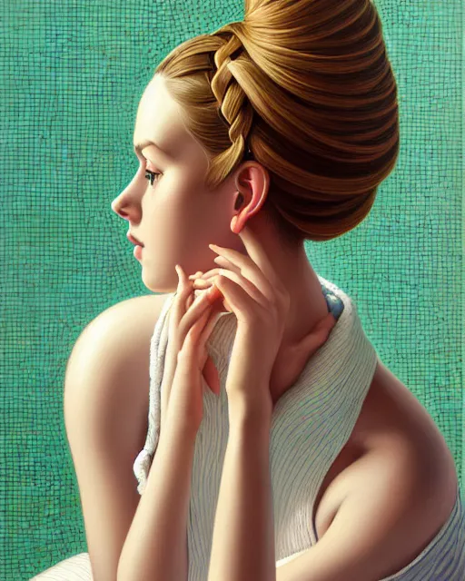 Prompt: a ultradetailed beautiful panting of a stylish woman sitting on the floor in a tiled room, highly detailed face, french braid hairstyle, oil painting, by ilya kuvshinov