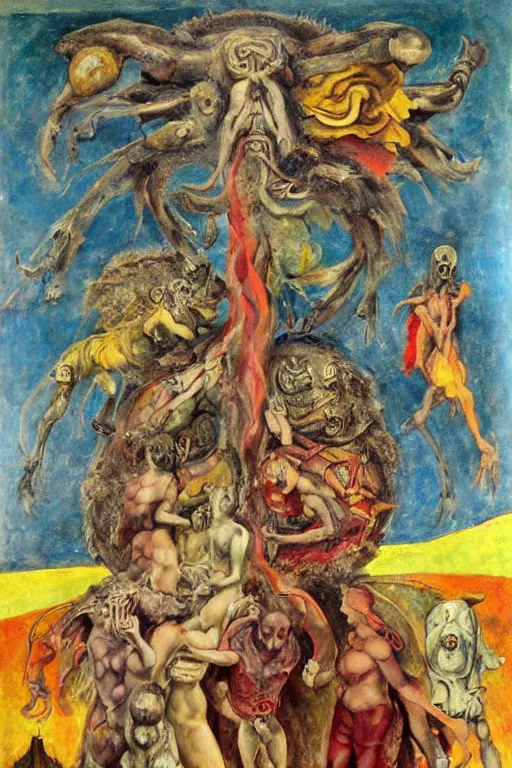 Image similar to surreal the temptation of st anthony, in a post apocalyptic hellscape, esoteric symbolism, intense emotional power, red yellow black, palette knife oil painting by peter booth, josh kirby and william blake