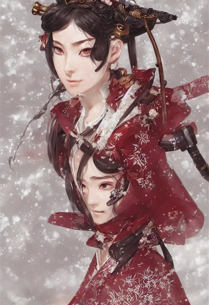 Image similar to detailed portrait of one single steampunk girl samurai with tachi and cross bow combat pose in snow forest sakura cherry blossom swan hakama kimono trending on artstation elite, elegant, luxury, by krenz cushart greg rutkowski alexandros, perfect face, fine details, realistic shaded, fine - face, pretty face