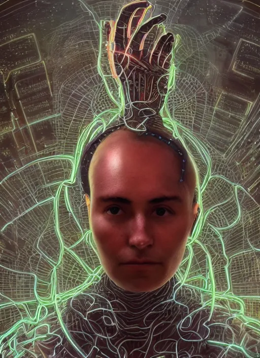 Image similar to a spiritually awakened cyborg wants to help humans free themselves from the chains of mental slavery and authoritarian politicians, surreal technological conceptual art magical cybernetic realism horror visions distopic and utopic art and the same time