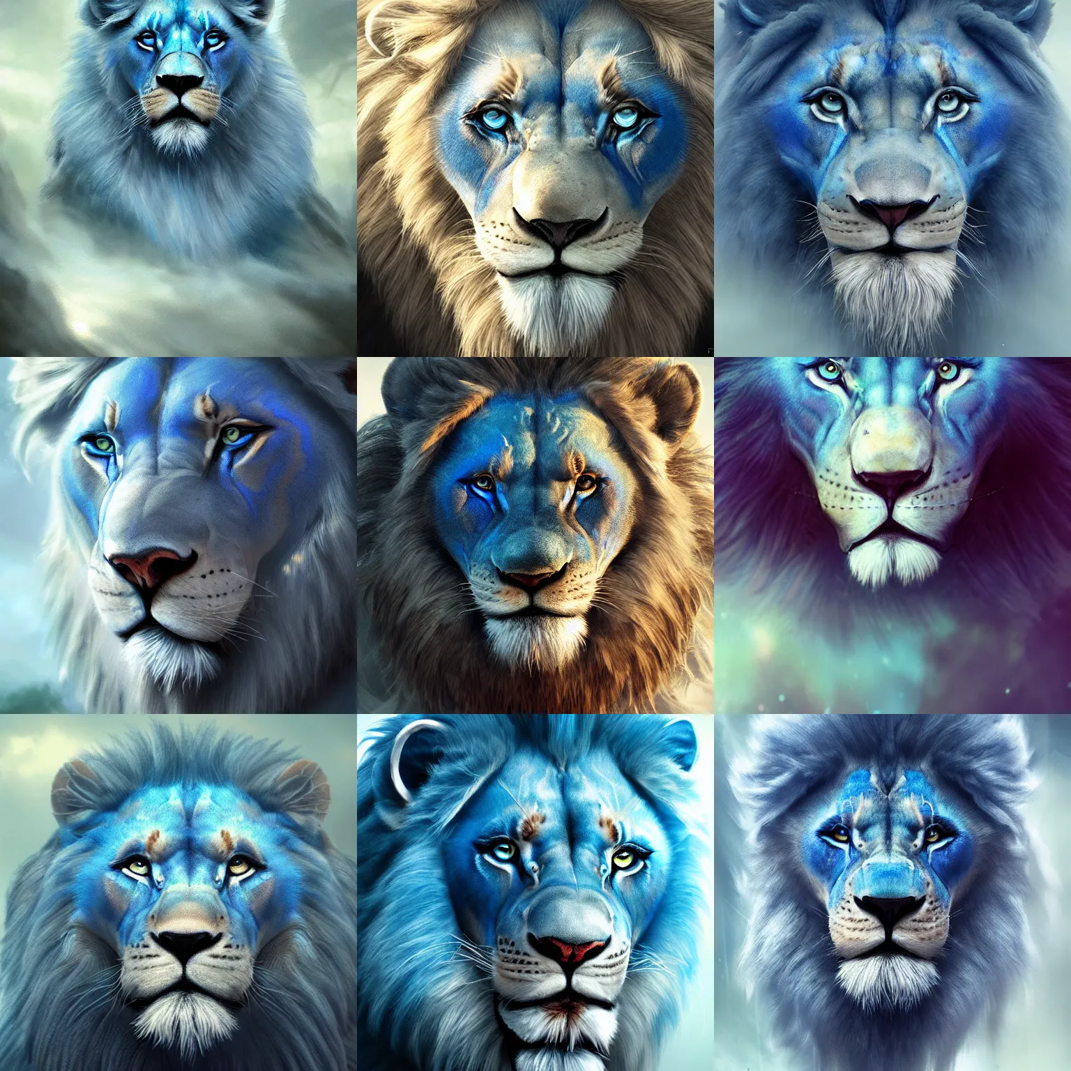 Prompt: portrait of a majestic blue lion roaring. mystical ambience. soft lighting. highly detailed matte painting. wlop artstation.