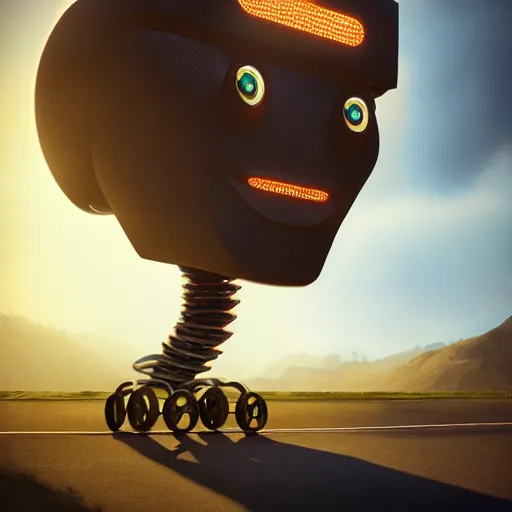 Image similar to Giant half-robotic head of David Copperfield with wheels running on a californian highway, rays of light, particles light, kuvshinov ilya, unreal engine, by sasha kalinkin