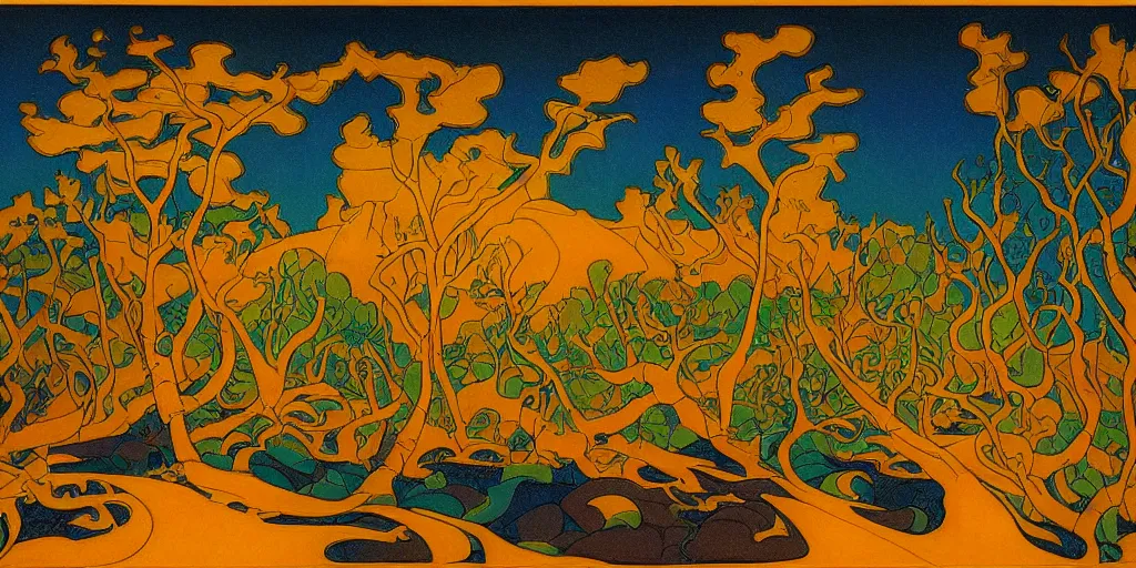 Image similar to a night landscape background, paul ranson, rob gonsavles, eyvind earle