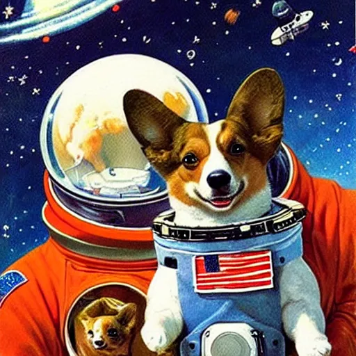 Image similar to corgi astronaut in space, beautiful painting by norman rockwell