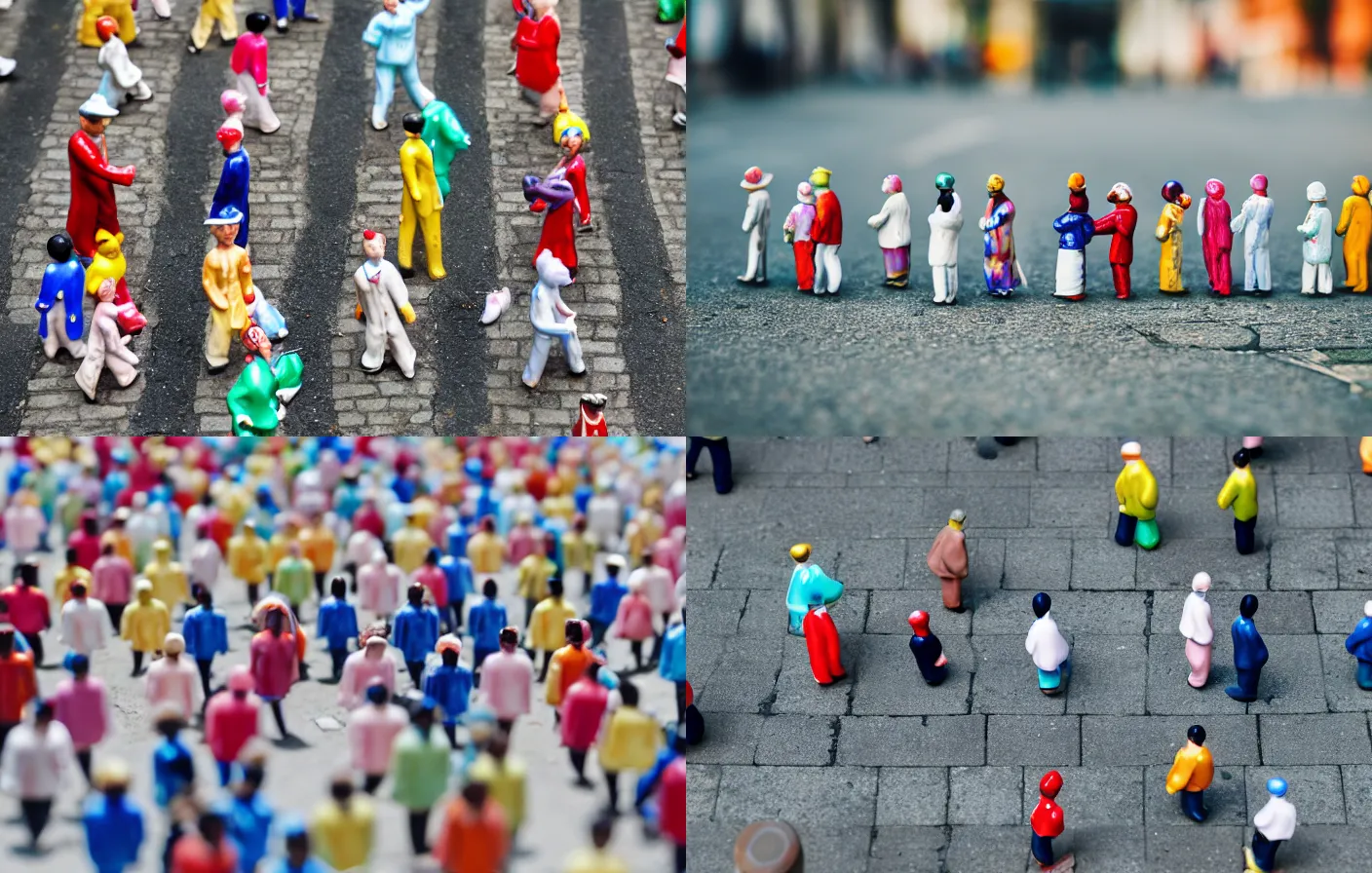 Prompt: A street of walking colourful porcelain people figurines close up, tilt shift, reflections, Canon TS-E 17mm f/4, pristine quality wallpaper