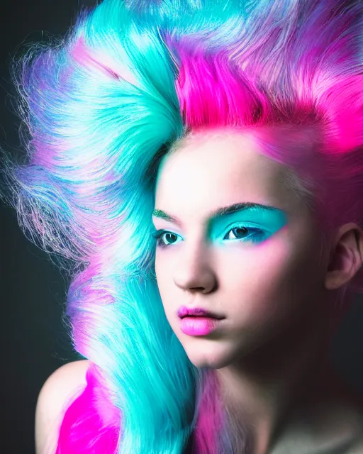 Image similar to a dramatic lighting photo of a beautiful young woman with cotton candy hair. with a little bit of cyan and pink