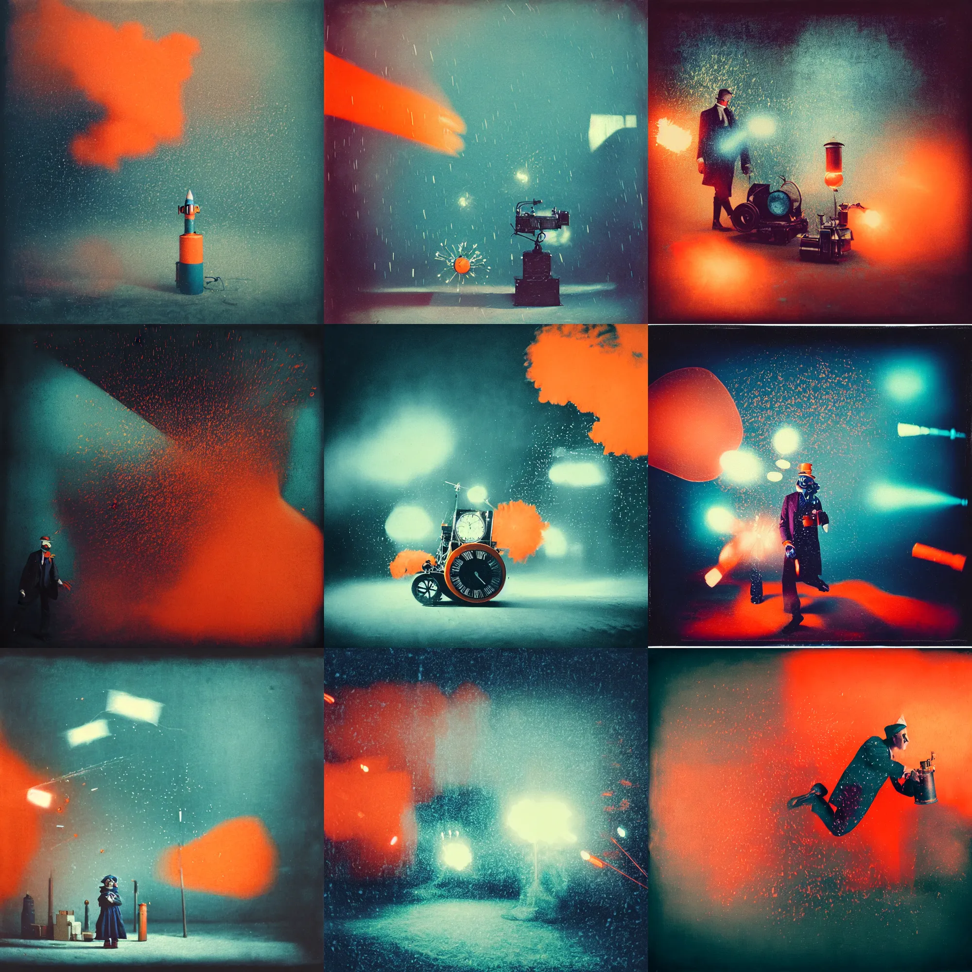 Image similar to kodak portra 4 0 0, wetplate, muted colours, blueberry and orange and teal, a clockwerk orange, 1 9 2 0 s style, motion blur, portrait photo of a backdrop, explosions, rockets, bombs, sparkling, snow, fog, by georges melies and by britt marling