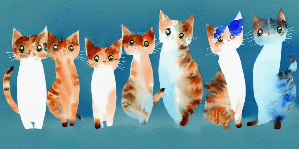 Image similar to watercolor illustration style, group of cute cats with blue wings