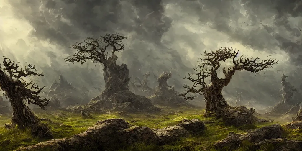 Image similar to rocky landscape of leaned keeled over toppled windswept windswept windswept trees, no visible soil, high quality fantasy art, 4k