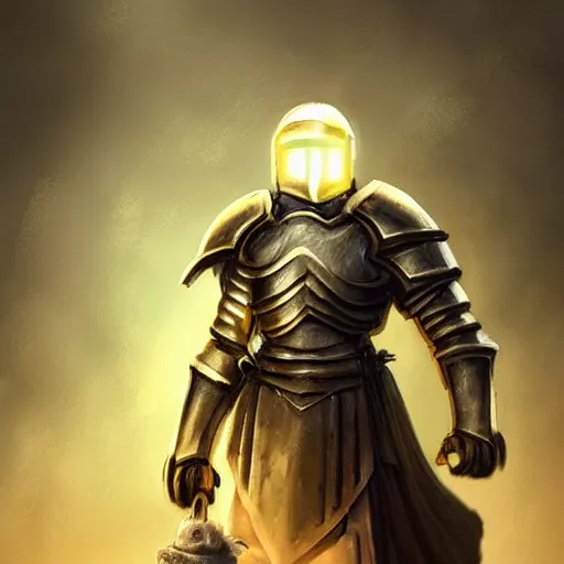 Image similar to an fantastic armored helmetless knight hold a glow white bird, atmospheric, concept art