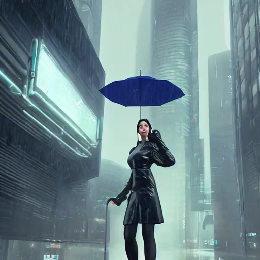 Image similar to a picture of a woman holding an umbrella in the rain, futuristic city, cyberpunk art by fyodor vasilyev, zbrush central contest winner, cubo - futurism, synthwave, darksynth, retrowave