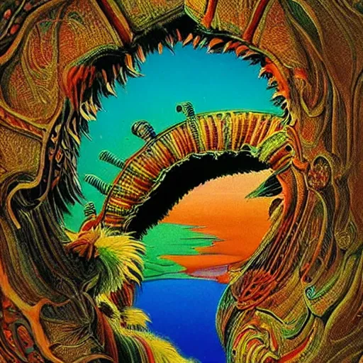 Image similar to A New Dawn, A sense of Awe, Indian Art, Exposure, Slit-Scan Photography, Ultra-HD, Happy, Excited, by Roger Dean and Dr Seuss